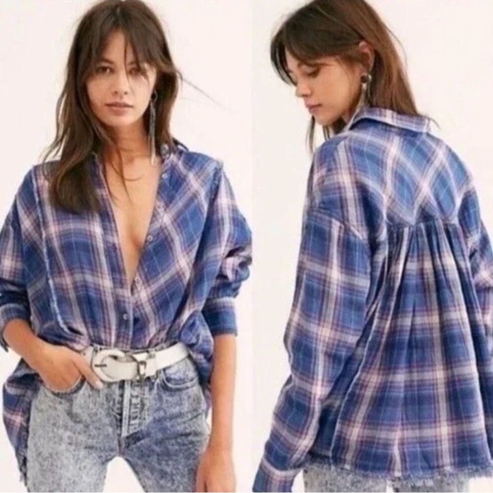 Free People Seeking Starlight Plaid Shirt Blue Combo Size S